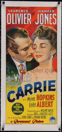 5p1107 CARRIE linen Aust daybill 1953 great Richardson Studio art of Olivier & Jennifer Jones, Wyler!