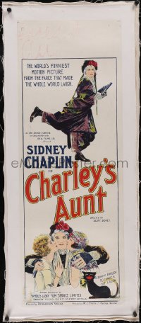 5p1064 CHARLEY'S AUNT linen long Aust daybill 1925 Syd Chaplin in drag, Richardson Studio art, rare!
