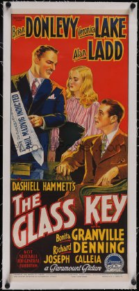 5p1115 GLASS KEY linen Aust daybill 1942 Richardson Studio artwork of Alan Ladd & Veronica Lake!