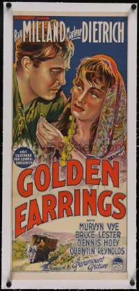 5p1116 GOLDEN EARRINGS linen Aust daybill 1947 Richardson Studio art of Marlene Dietrich & Milland!