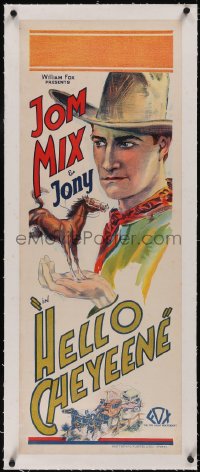 5p1073 HELLO CHEYENNE linen long Aust daybill 1928 art of Tom Mix with tiny Tony in his hand, rare!