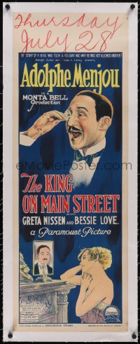 5p1076 KING ON MAIN STREET linen long Aust daybill 1925 Richardson Studio art of Menjou & Love, rare!