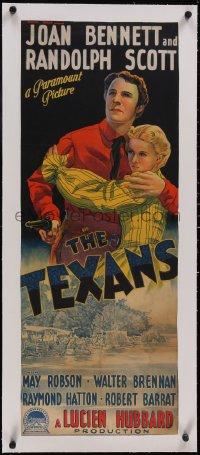 5p1093 TEXANS linen long Aust daybill 1938 Richardson Studio art, Randolph Scott, Joan Bennett, rare!
