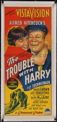 5p1143 TROUBLE WITH HARRY linen Aust daybill 1955 Hitchcock, Gwenn, MacLaine, Richardson Studio, rare!