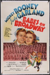 5p0432 BABES ON BROADWAY linen 1sh 1941 art of Mickey Rooney & Judy Garland by Al Hirschfeld, rare!
