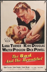 5p0433 BAD & THE BEAUTIFUL linen 1sh 1953 art of Kirk Douglas manhandling sexy Lana Turner, Minnelli!
