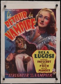 5p1283 RETURN OF THE VAMPIRE linen Belgian 1944 art of werewolf with Inescort & Foch, ultra rare!