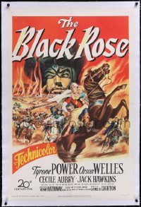 5p0440 BLACK ROSE linen 1sh 1950 great fiery action artwork of Tyrone Power & Orson Welles!