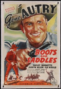 5p0444 BOOTS & SADDLES linen 1sh 1937 art of singing cowboy Gene Autry with smoking gun, very rare!