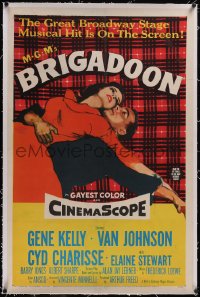 5p0445 BRIGADOON linen 1sh 1954 great romantic close up art of Gene Kelly & Cyd Charisse over plaid!