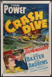 5p0463 CRASH DIVE linen 1sh 1943 great art of Tyrone Power & Anne Baxter + burning submarine!