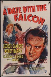 5p0303 DATE WITH THE FALCON 1sh 1941 art of detective George Sanders & Barrie + shooting gun!