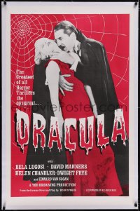 5p0478 DRACULA linen 1sh R1960s great different image of Bela Lugosi with victim by web, Tod Browning!