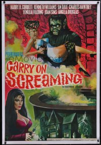 5p0829 CARRY ON SCREAMING linen English 1sh 1966 art of wacky monster holding half-naked woman, rare!