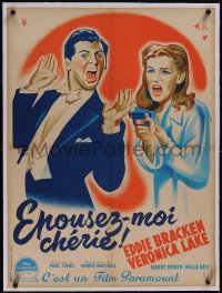 5p0819 HOLD THAT BLONDE linen French 24x32 1949 Grinsson art of Eddie Bracken, Veronica Lake w/ gun!
