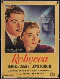 5p0825 REBECCA linen French 24x32 1947 Hitchcock, different art of Laurence Olivier & Fontaine, rare!