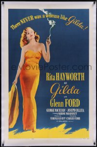 5p0500 GILDA linen 1sh R1959 classic image of sexy smoking Rita Hayworth in sheath dress, rare!