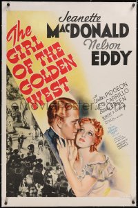 5p0690 GIRL OF THE GOLDEN WEST linen style C 1sh 1938 art of Jeanette MacDonald & Nelson Eddy, rare!