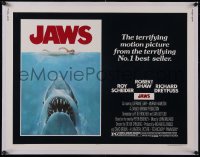 5p0961 JAWS linen 1/2sh 1975 great art of Steven Spielberg's classic shark attacking sexy swimmer!