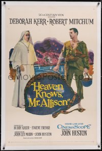 5p0514 HEAVEN KNOWS MR. ALLISON linen 1sh 1957 barechested Robert Mitchum w/rifle & nun Deborah Kerr!