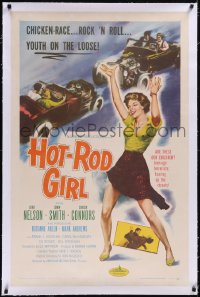 5p0519 HOT ROD GIRL linen 1sh 1956 AIP, Lori Nelson, wild sexy dancing bad girl & chicken-race art!