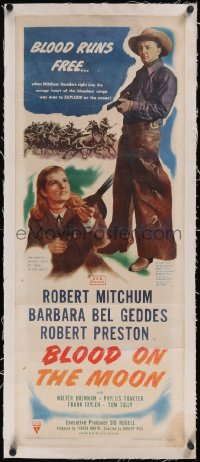 5p1286 BLOOD ON THE MOON linen insert 1949 cowboy Robert Mitchum pointing gun & Barbara Bel Geddes!
