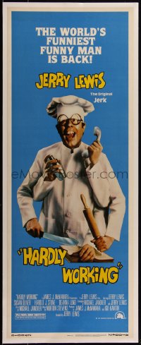 5p1291 HARDLY WORKING linen insert 1981 wacky funny man Jerry Lewis in chef's outfit with five arms!