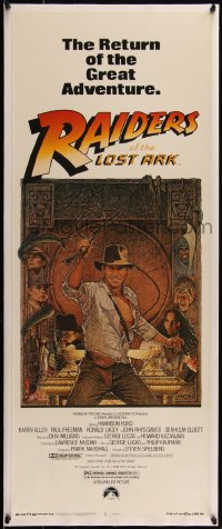 5p1294 RAIDERS OF THE LOST ARK linen insert R1982 art of adventurer Harrison Ford by Richard Amsel!