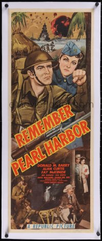 5p1295 REMEMBER PEARL HARBOR linen insert 1942 Donald Red Barry & Fay McKenzie are fightin' mad, rare!