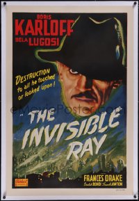 5p0530 INVISIBLE RAY linen 1sh R1948 mad scientist Boris Karloff looming over city, very rare!