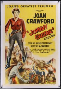 5p0539 JOHNNY GUITAR linen 1sh 1954 artwork of Joan Crawford reaching for gun, Nicholas Ray classic!