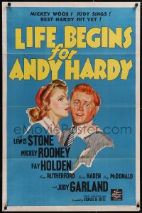 5p0307 LIFE BEGINS FOR ANDY HARDY style D 1sh 1941 great art of Judy Garland & Mickey Rooney!