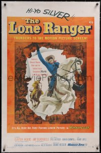 5p0551 LONE RANGER linen 1sh 1956 cool art of Clayton Moore & Silver leaping out of the poster!