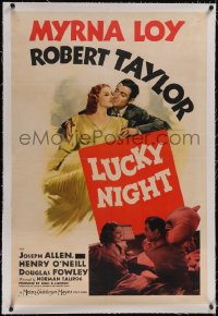 5p0707 LUCKY NIGHT linen style D 1sh 1939 art of Myrna Loy & Robert Taylor, pillow fight, ultra rare!