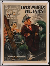 5p1171 DOS PESOS DEJADA linen Mexican 1949 Cabral art of man & woman & crashed car, ultra rare!