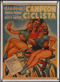 5p1173 EL CAMPEON CICLISTA linen Mexican poster 1957 Cabral art of Tin-Tan & sexy girls on bike, rare!