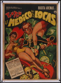5p1180 EL MEDICO DE LAS LOCAS linen Mexican poster 1956 Cabral art of Tin-Tan & sexy woman, rare!