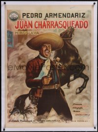 5p1193 JUAN CHARRASQUEADO linen Mexican poster 1948 Cruz art of Pedro Armendariz with gun, rare!