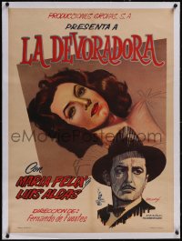 5p1198 LA DEVORADORA linen Mexican poster 1946 art of beautiful Maria Felix & Luis Aldas, very rare!