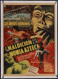 5p1202 LA MALDICION DE LA MOMIA AZTECA linen Mexican poster 1957 art of Aztec mummy & masked wrestler!