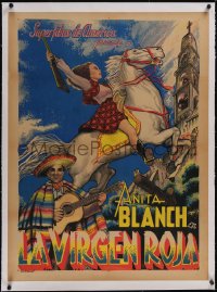 5p1207 LA VIRGEN ROJA linen Mexican poster 1943 art of Anita Blanch with rifle on horse, ultra rare!