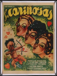 5p1209 LAS CARINOSAS linen Mexican poster 1953 Cabral art of cupid aiming for 3 sexy ladies, rare!