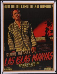 5p1210 LAS ISLAS MARIAS linen Mexican poster 1951 Berenguer art of Infante in prison stripes, rare!