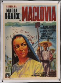 5p1215 MACLOVIA linen Mexican poster 1948 Espert art of Maria Felix standing with Mexican farmers!