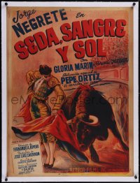 5p1238 SEDA SANGRE Y SOL linen Mexican poster 1944 great art of matador Jorge Negrete fighting bull!