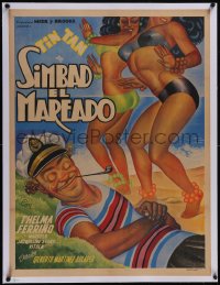 5p1242 SIMBAD EL MAREADO linen Mexican poster 1950 art of Tin Tan on beach with sexy girls by Cabral!