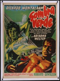 5p1244 SOMBRA VERDE linen Mexican poster 1956 art of Ricardo Montalban with snake by sexy woman!