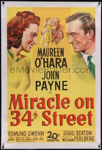 5p0568 MIRACLE ON 34th STREET linen 1sh 1947 art of Gwenn, Natalie Wood, Maureen O'Hara & Payne!