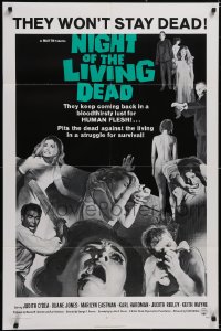 5p0147 NIGHT OF THE LIVING DEAD 1sh 1968 George Romero zombie classic, dark green title design!