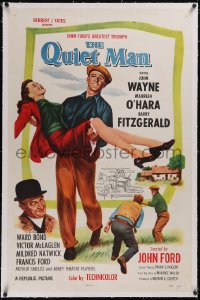 5p0598 QUIET MAN linen 1sh R1957 great art of John Wayne carrying Maureen O'Hara, John Ford classic!